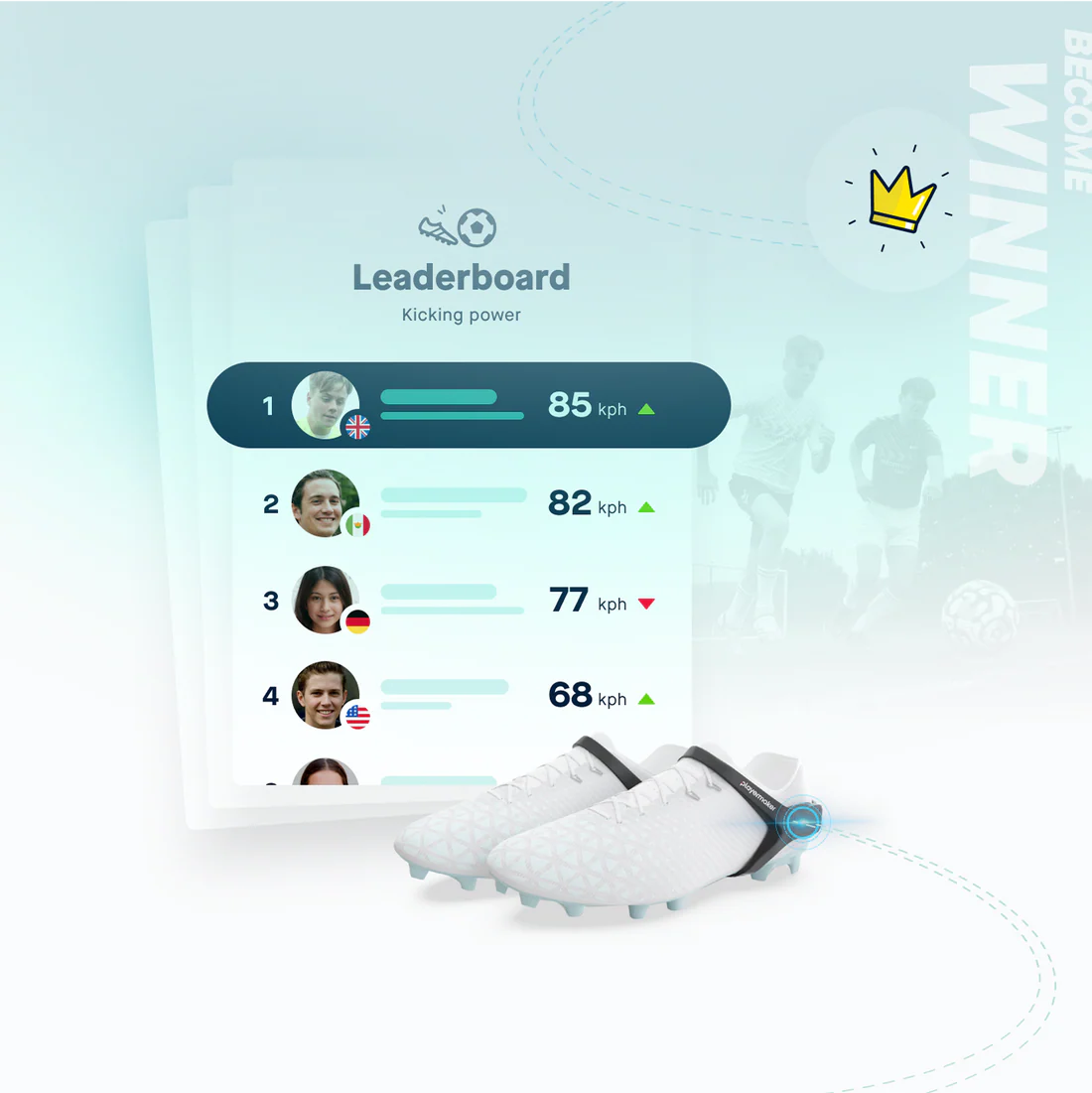 Leaderboard with kicking power ratings and a soccer boot on a light blue background with Playermaker
