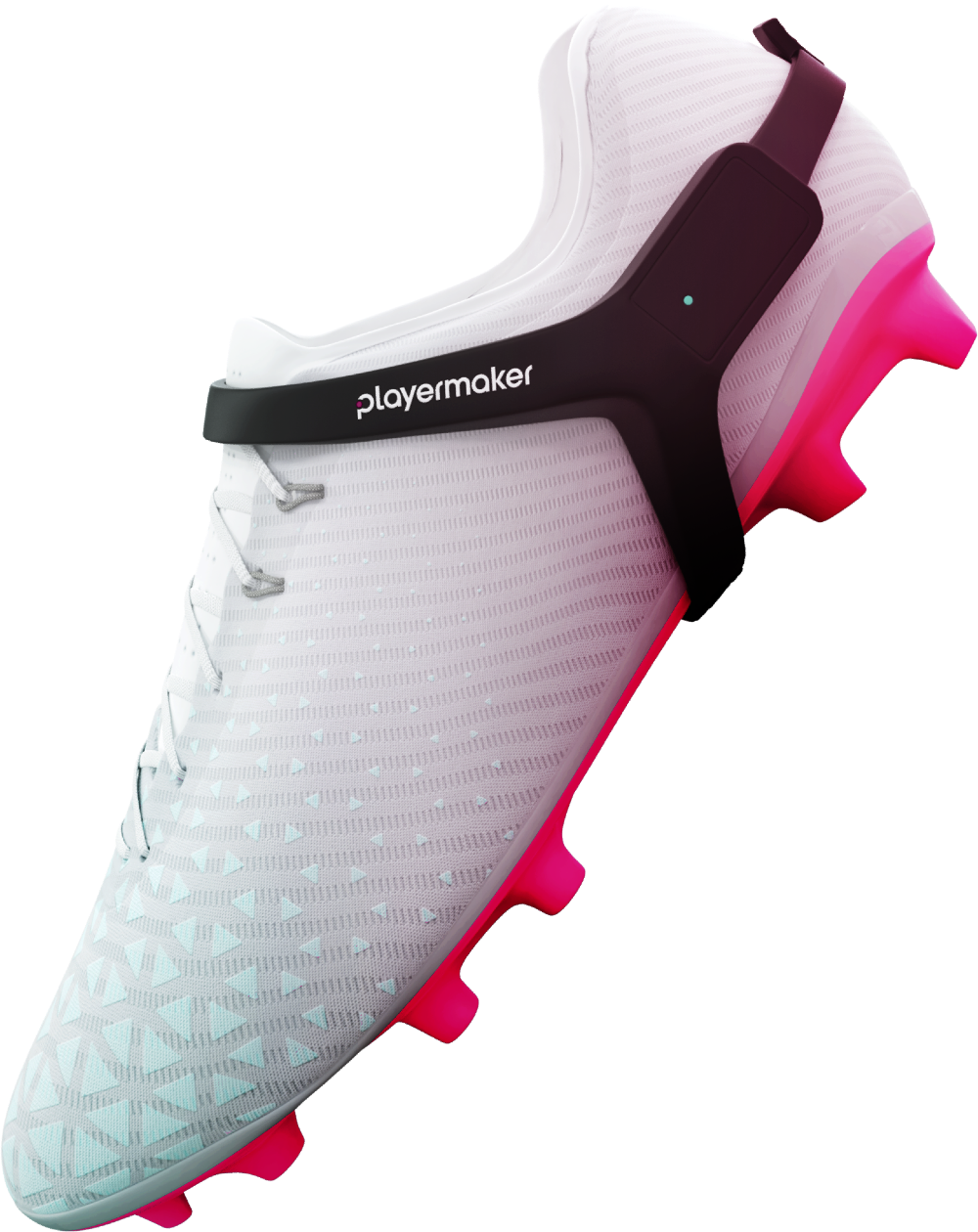 White soccer cleat with pink soles and Playermaker branding on a white background.
