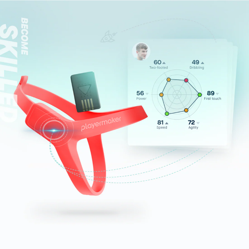 Red sports device with digital interface and stats on a light blue background with Playermaker