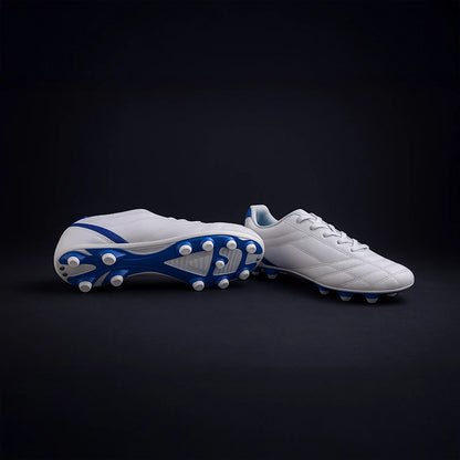Avtiare Classico White soccer cleats with blue accents on a black background