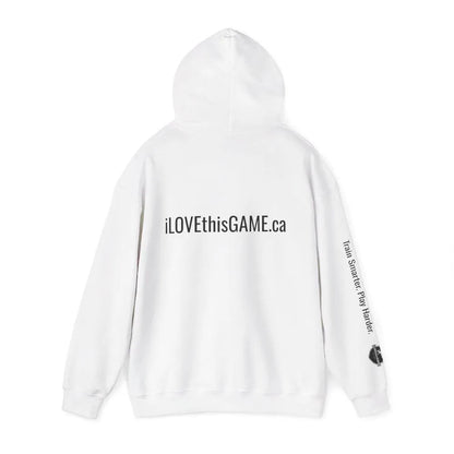 White iLOVEthisGAME.ca hoodie with text on the back and sleeve against a white background