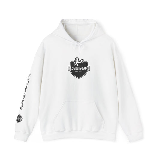 White iLOVEthisGAME.ca hoodie with a logo and text on a white background
