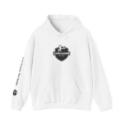 White iLOVEthisGAME.ca hoodie with a logo and text on a white background