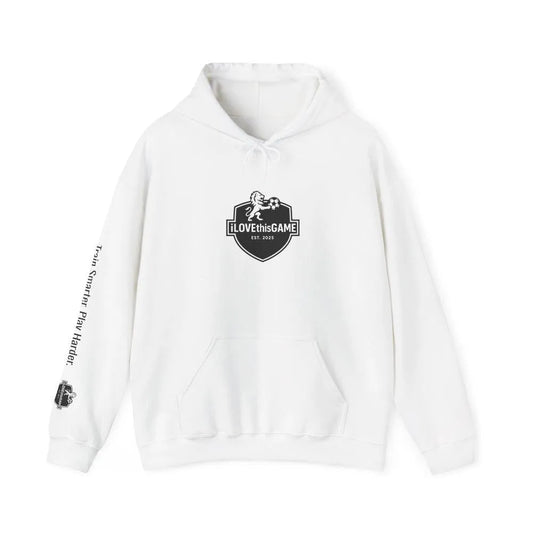 White iLOVEthisGAME.ca hoodie with a logo and text on a white background