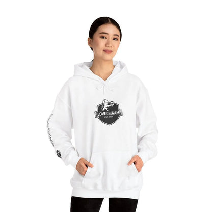 Asian woman wearing a white iLOVEthisGAME.ca hoodie with a logo on a white background